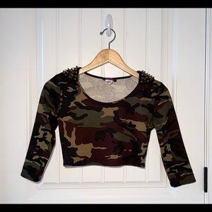 Camouflage Cropped Tee with Studded Shoulders
